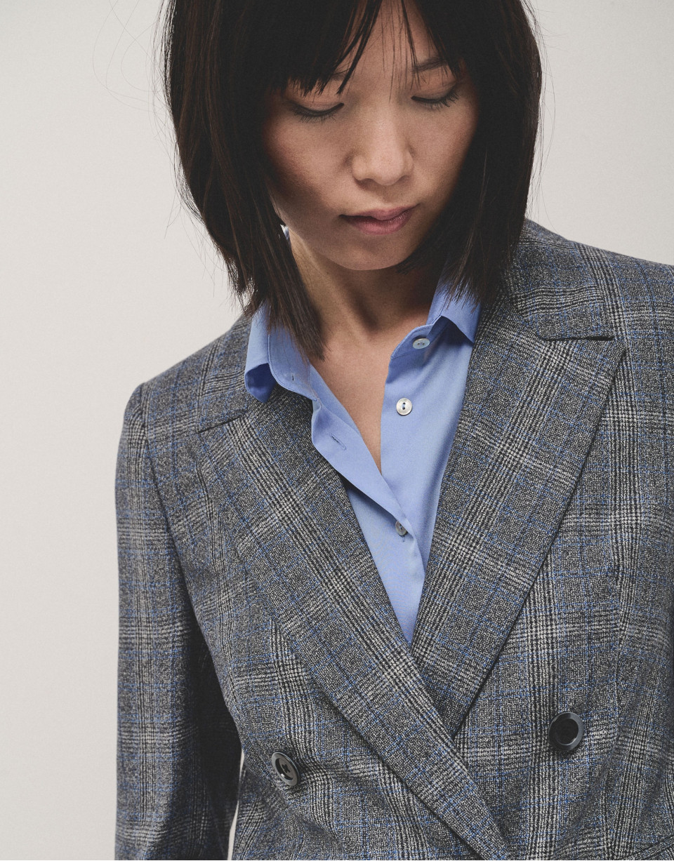 Double-breasted blazer in grey and blue wales... | Roberto Verino
