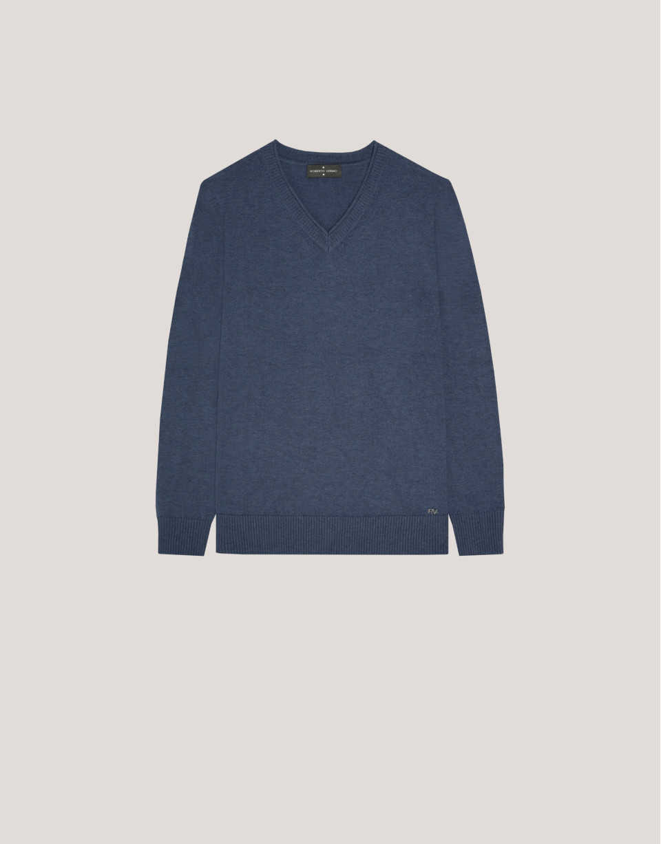 Blue V-neckline jumper in wool and silk - Woman | Roberto Verino