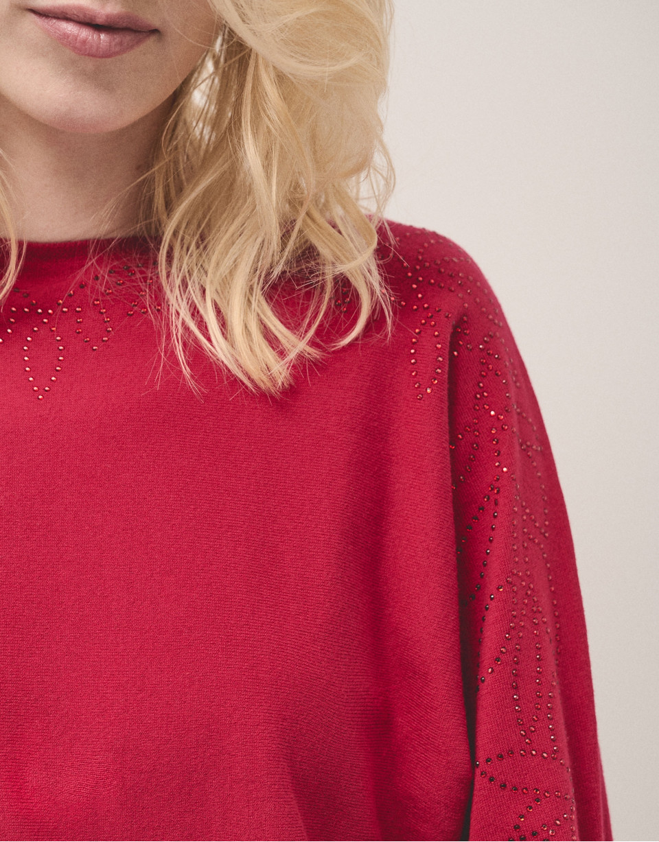 Red knit sweater with strass on shoulders | Roberto Verino