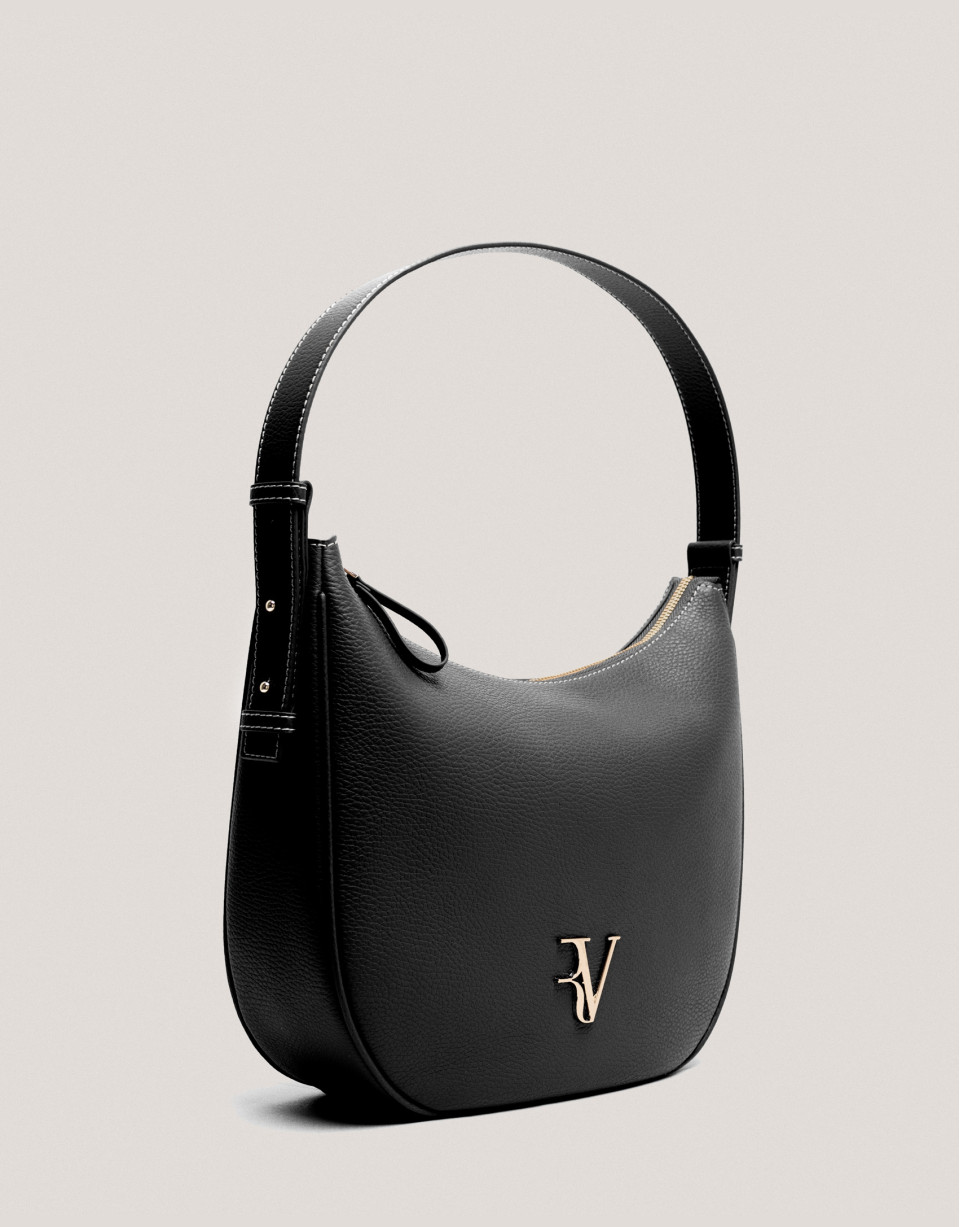 Black granulated leather Cuca Hobo shoulder bag | Roberto Verino
