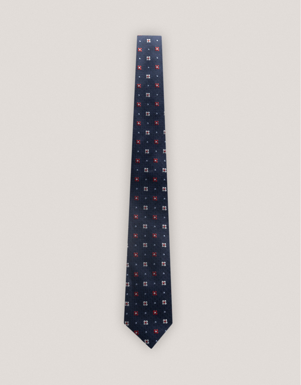 Navy blue silk tie with red, gray and white ... | Roberto Verino