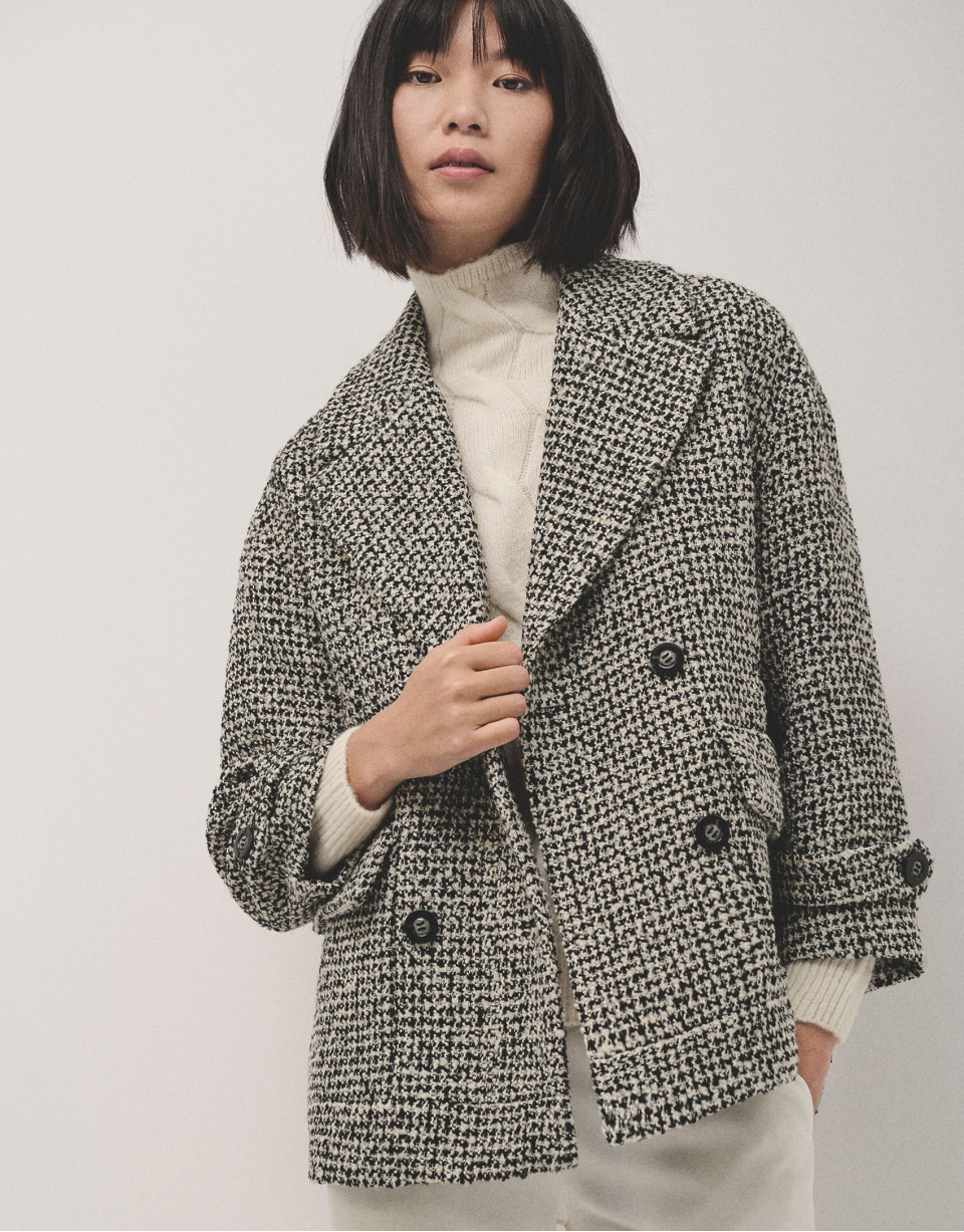 Chaquetón tres cuartos tweed blanco y negro | Roberto Verino