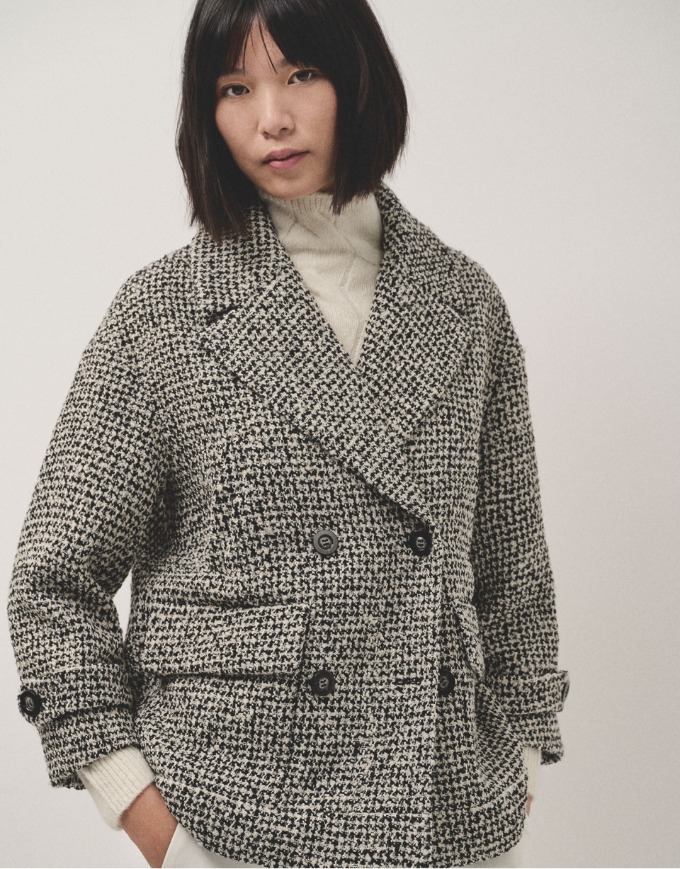 Chaquetón tres cuartos tweed blanco y negro | Roberto Verino