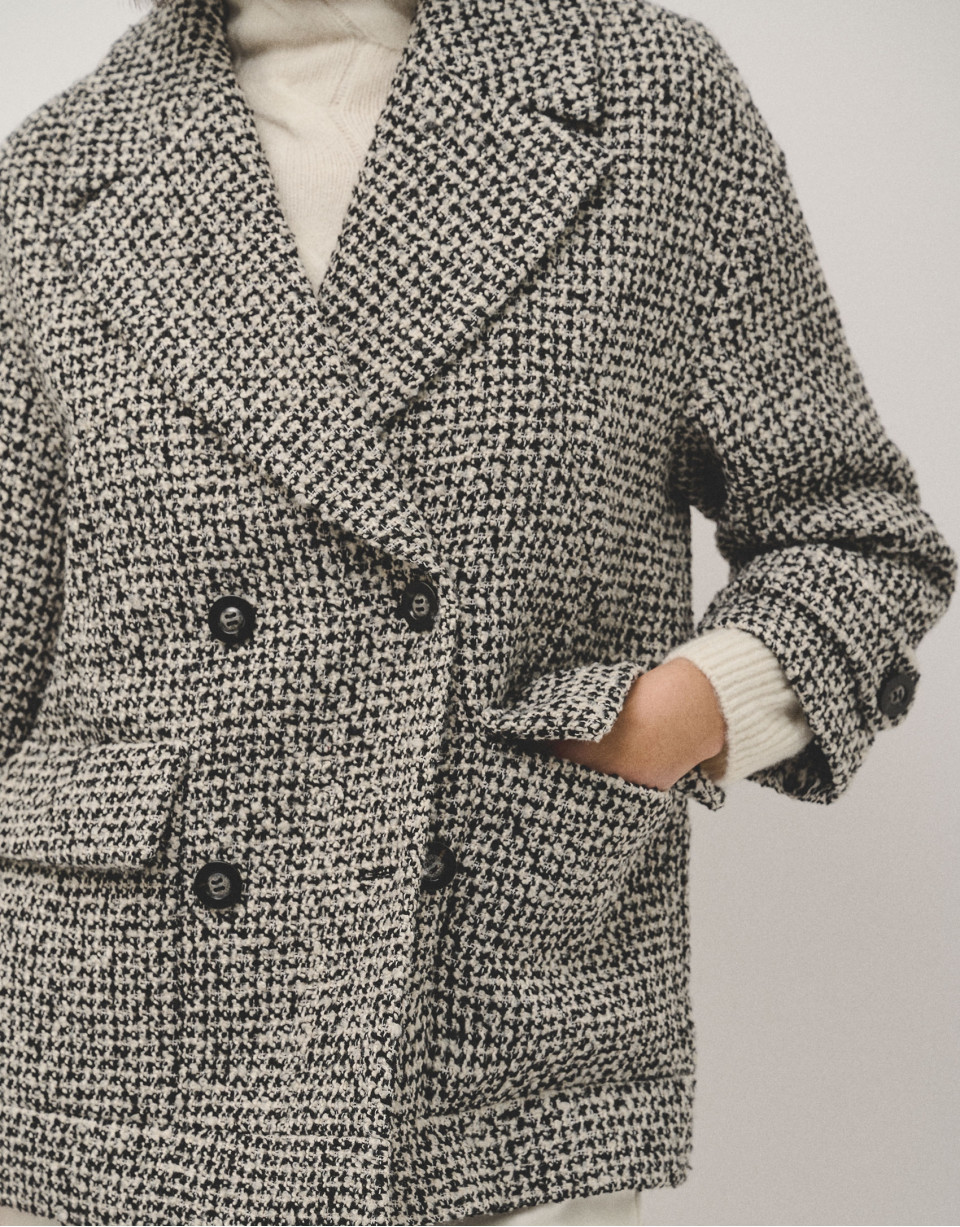 Chaquetón tres cuartos tweed blanco y negro | Roberto Verino