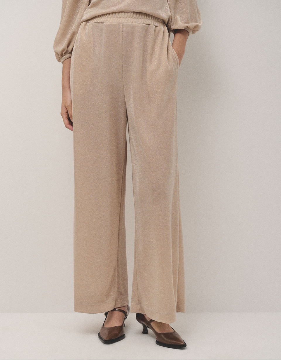 Pantalón ancho en punto brillo beige - Mujer | Roberto Verino