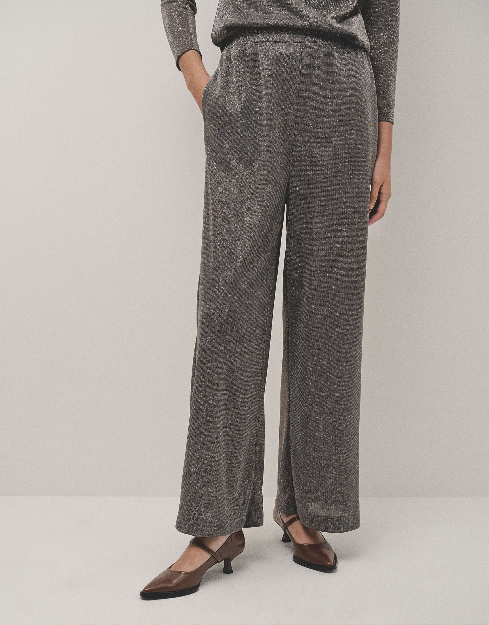 Pantalón ancho en punto brillo gris - Mujer | Roberto Verino