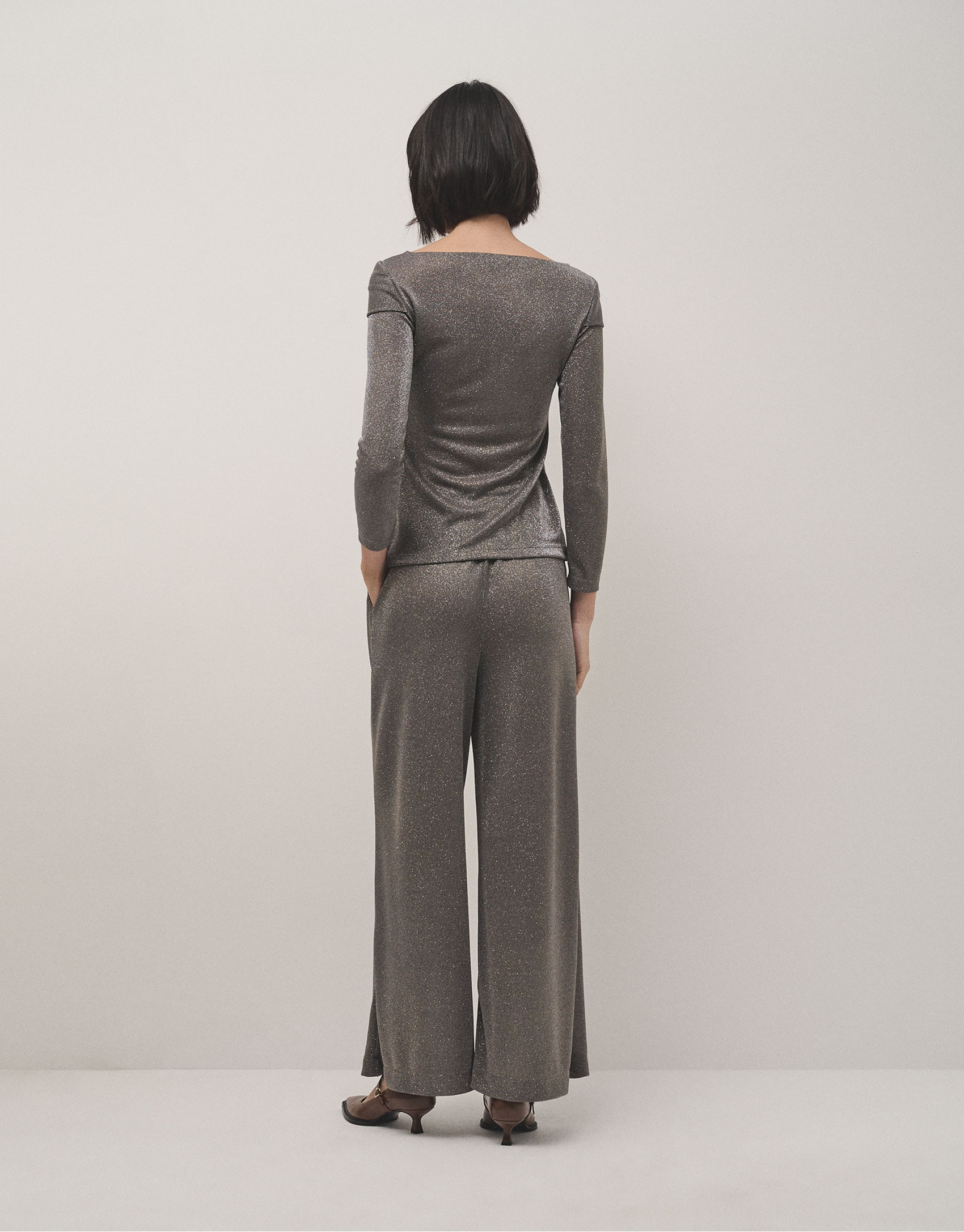 Pantalón ancho en punto brillo gris - Mujer | Roberto Verino