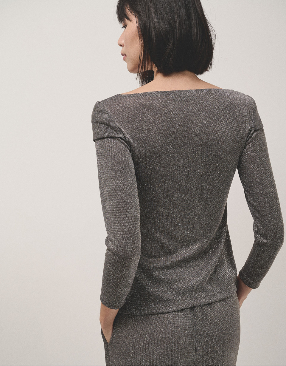 Camiseta escote cruzado en punto brillo gris | Roberto Verino
