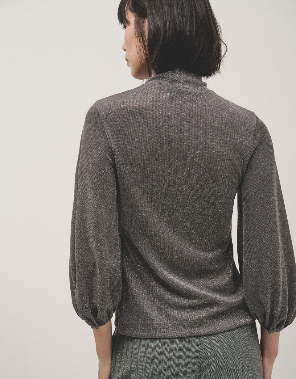 Camiseta cuello alto punto brillo gris - Mujer | Roberto Verino