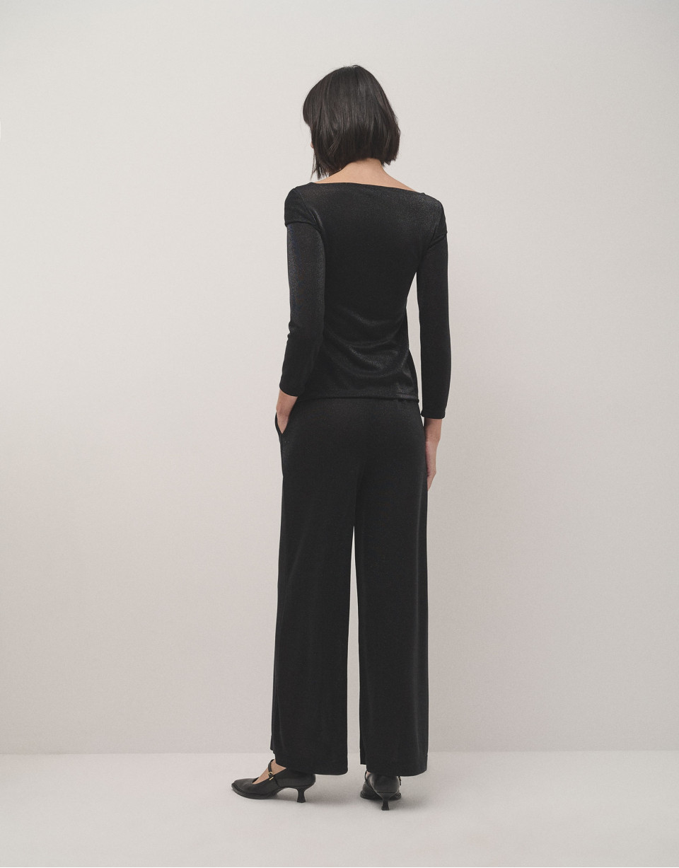 Pantalón ancho en punto brillo negro - Mujer | Roberto Verino