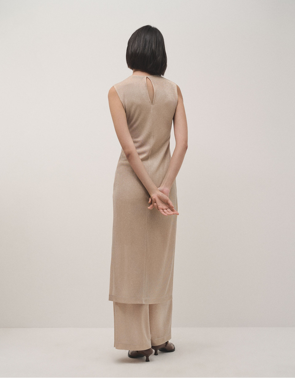 Beige shiny knit long sleeveless dress - Woman | Roberto Verino