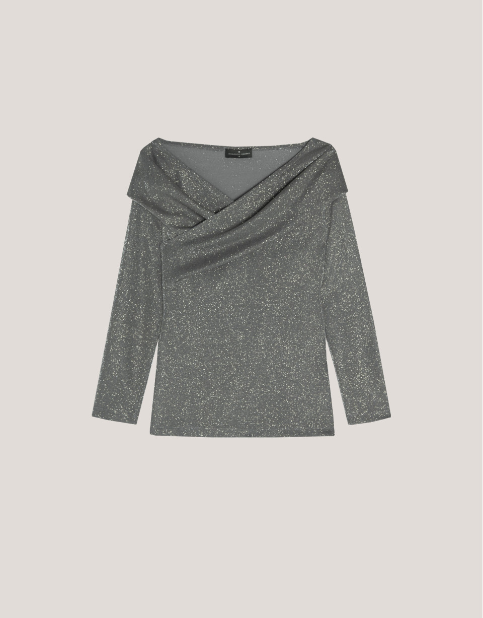 Shiny gray knit top with crossover neckline | Roberto Verino
