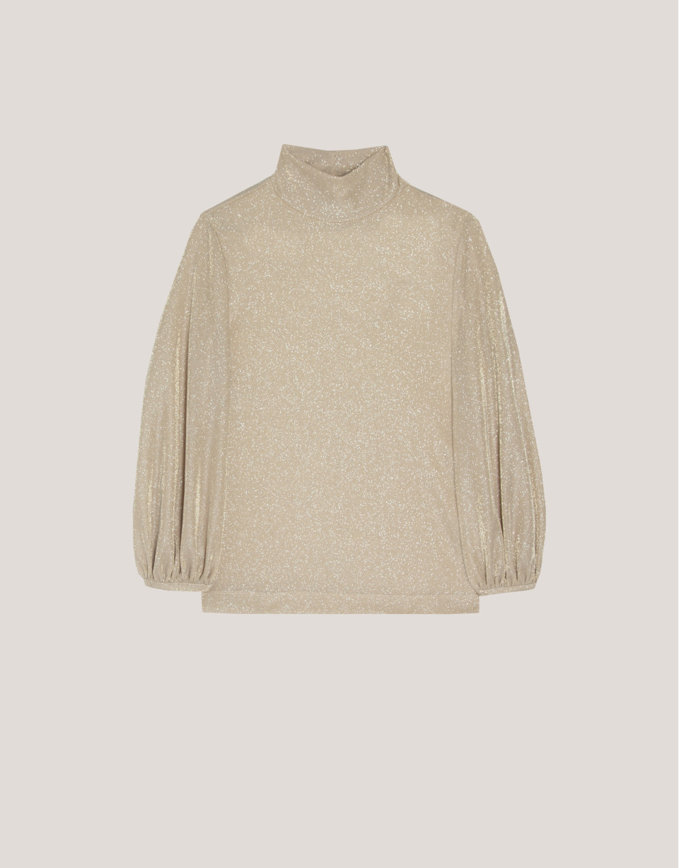 Camiseta cuello alto en punto brillo beige | Roberto Verino