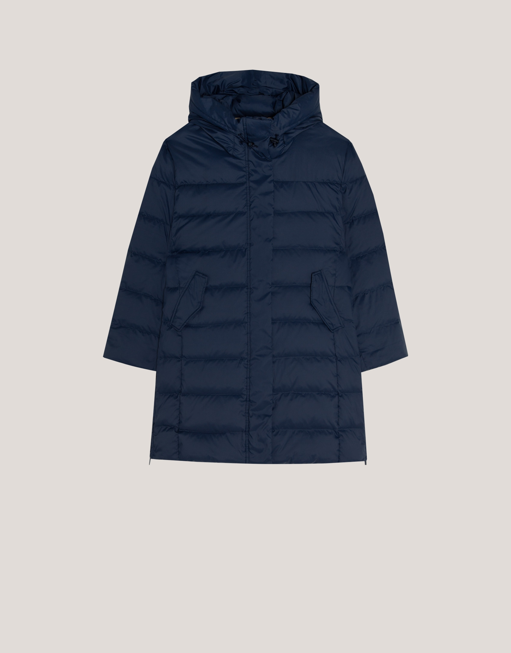 Long navy quilted coat with camel interior | Roberto Verino