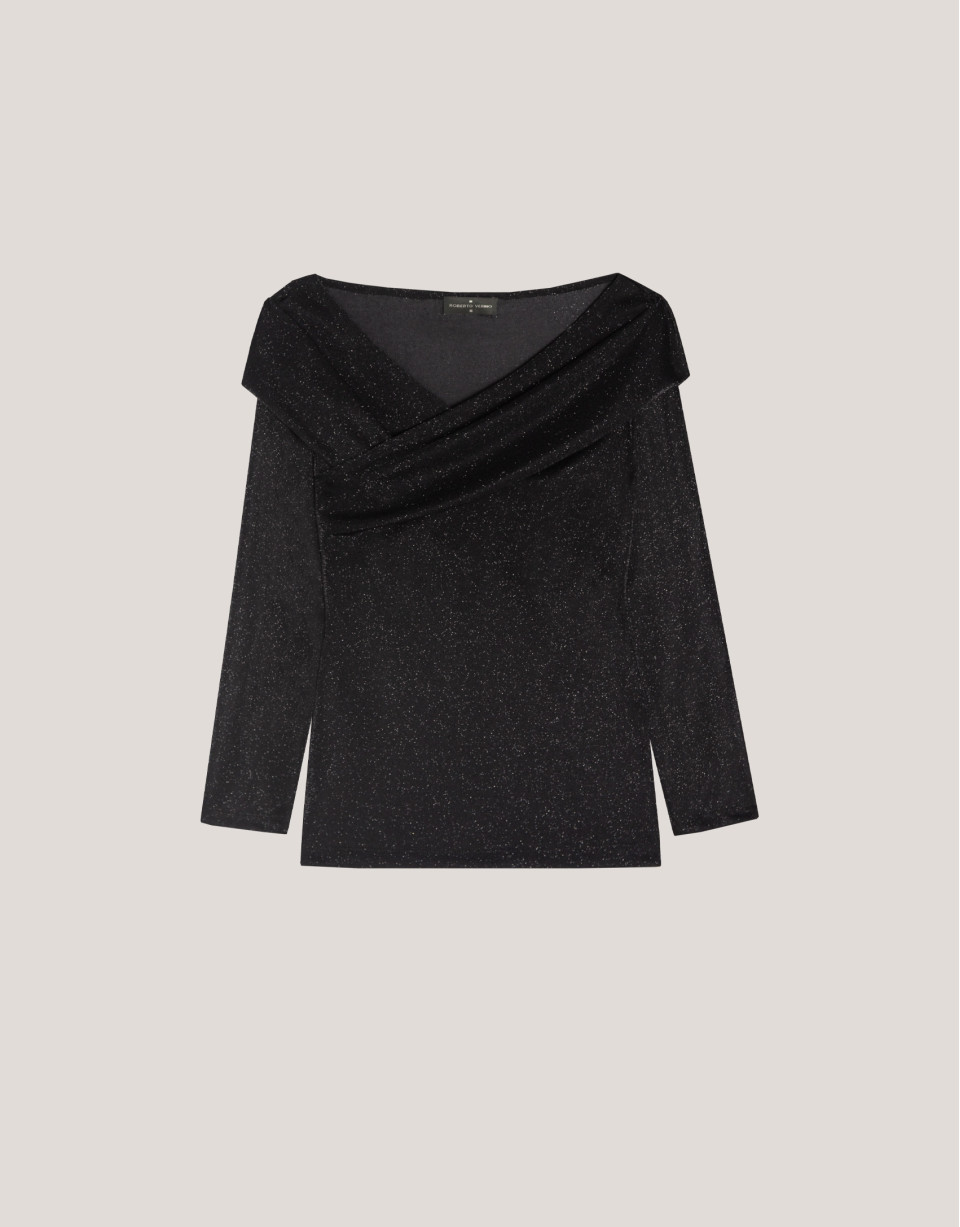 Camiseta escote cruzado en punto brillo negro | Roberto Verino