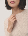 Long sleeves jumper in beige woollen cable-stitch with a front stripe knitted