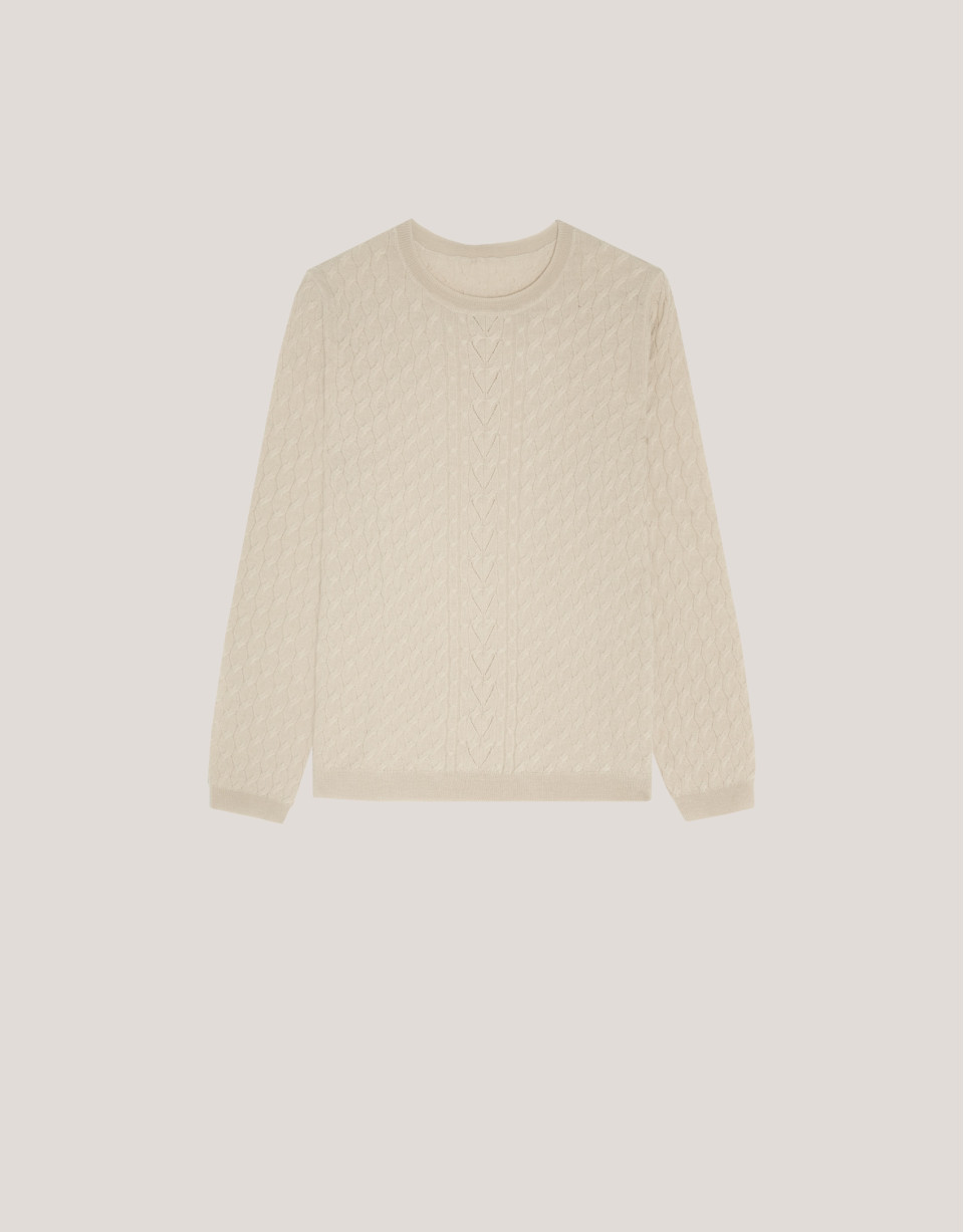 Long sleeves jumper in beige woollen cable-stitch with a front stripe knitted