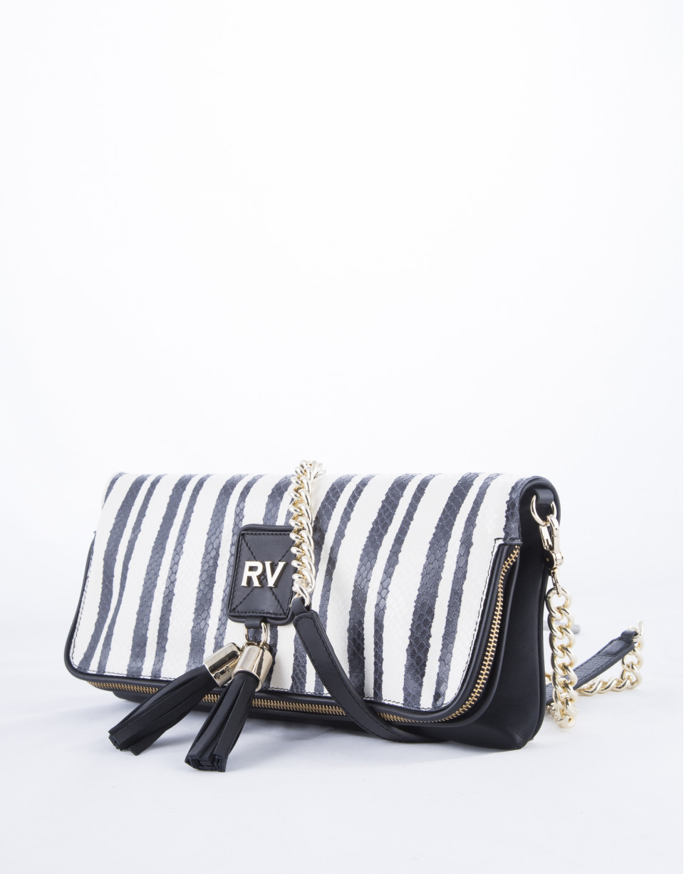 Bolso Clutch Martina Bahía piel a rayas blanco y negro