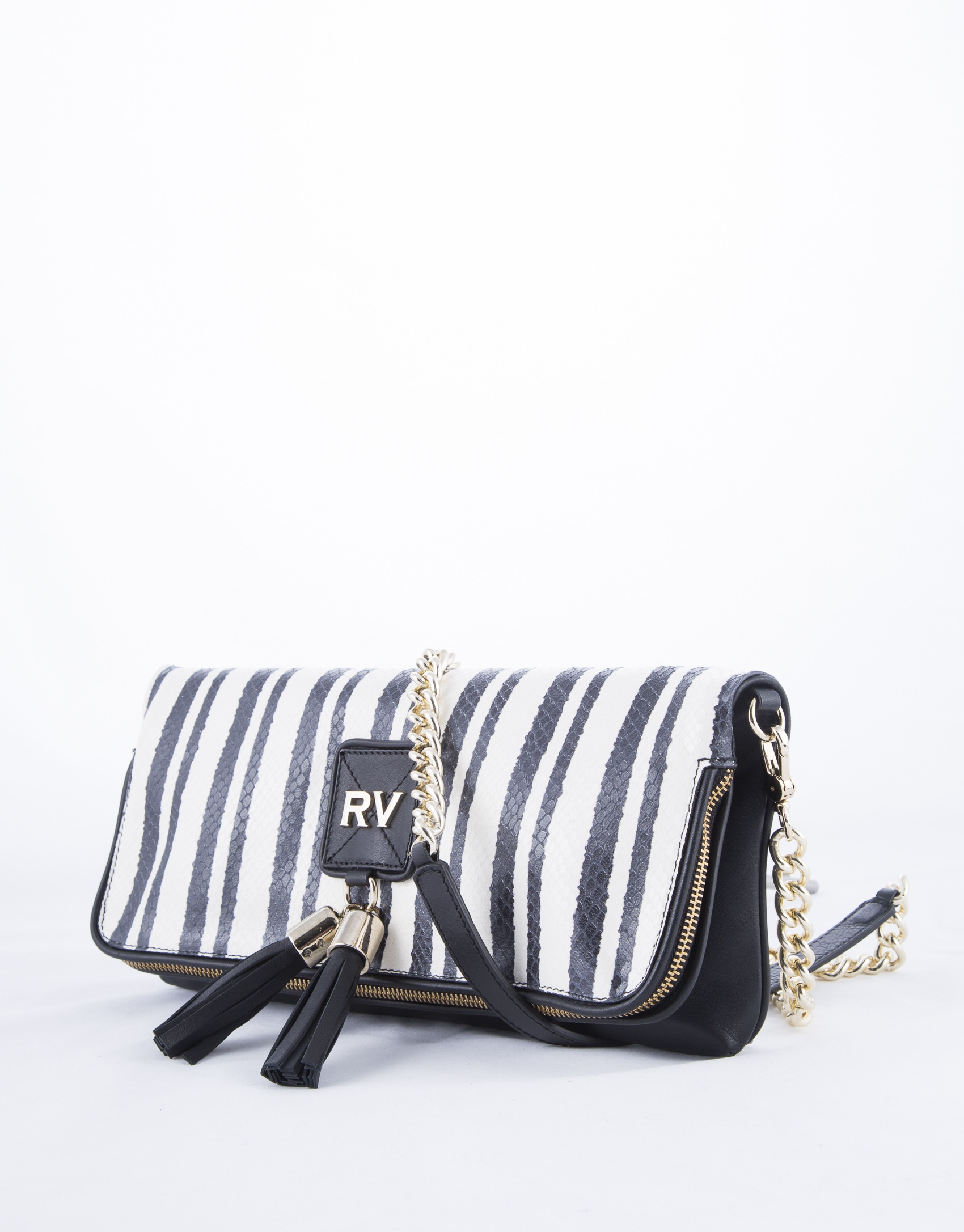Bolso Clutch Martina Bahía piel a rayas blanco y negro