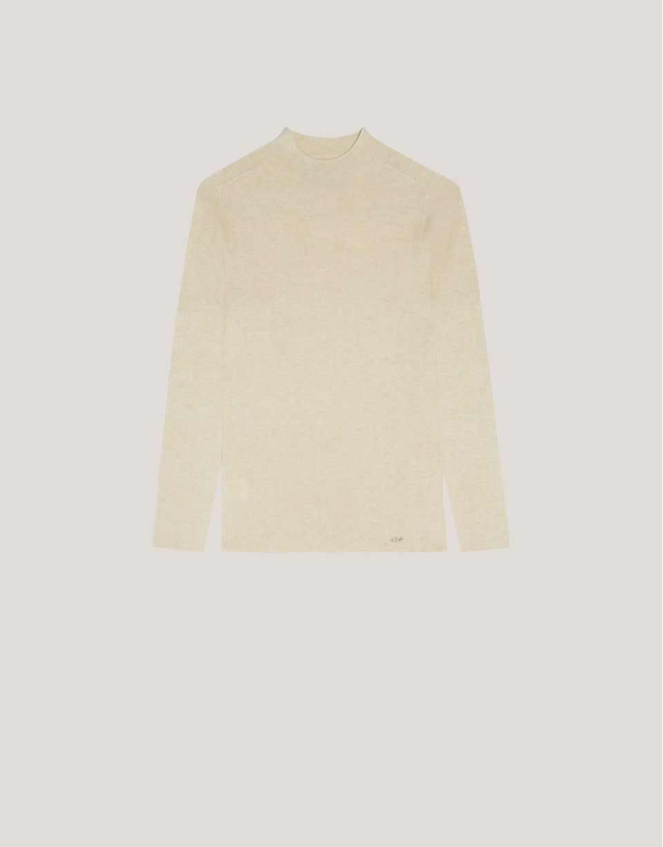 Ecru wool and silk rib knitted jumper with turtleneck