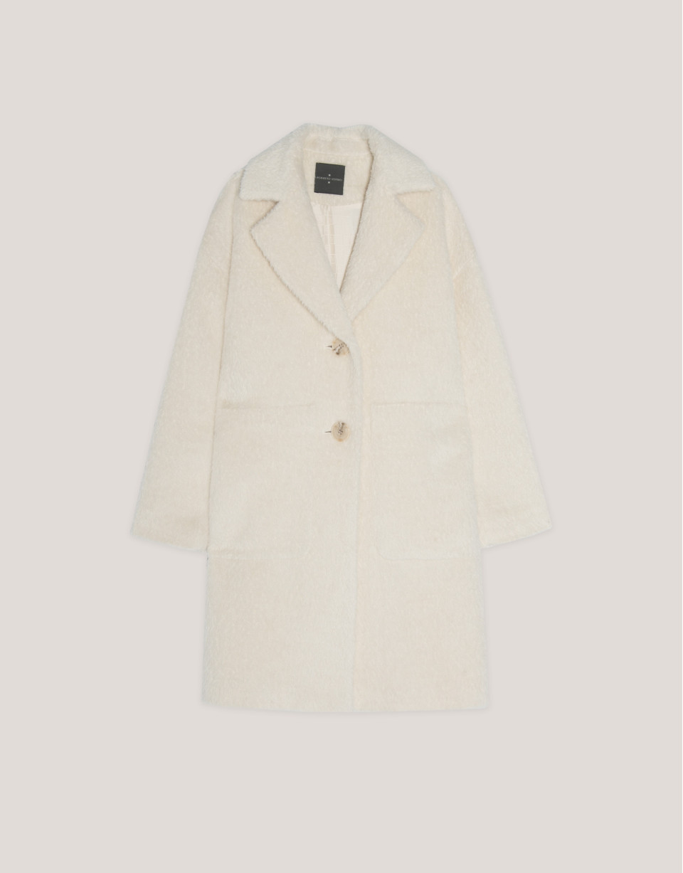 Long ecru alpaca fur and wool coat