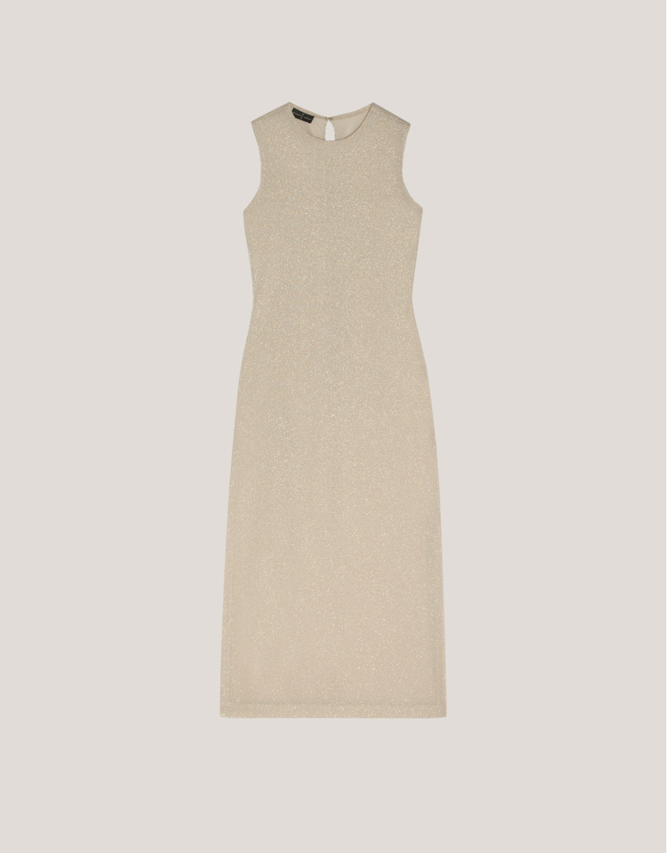 Beige shiny knit long sleeveless dress