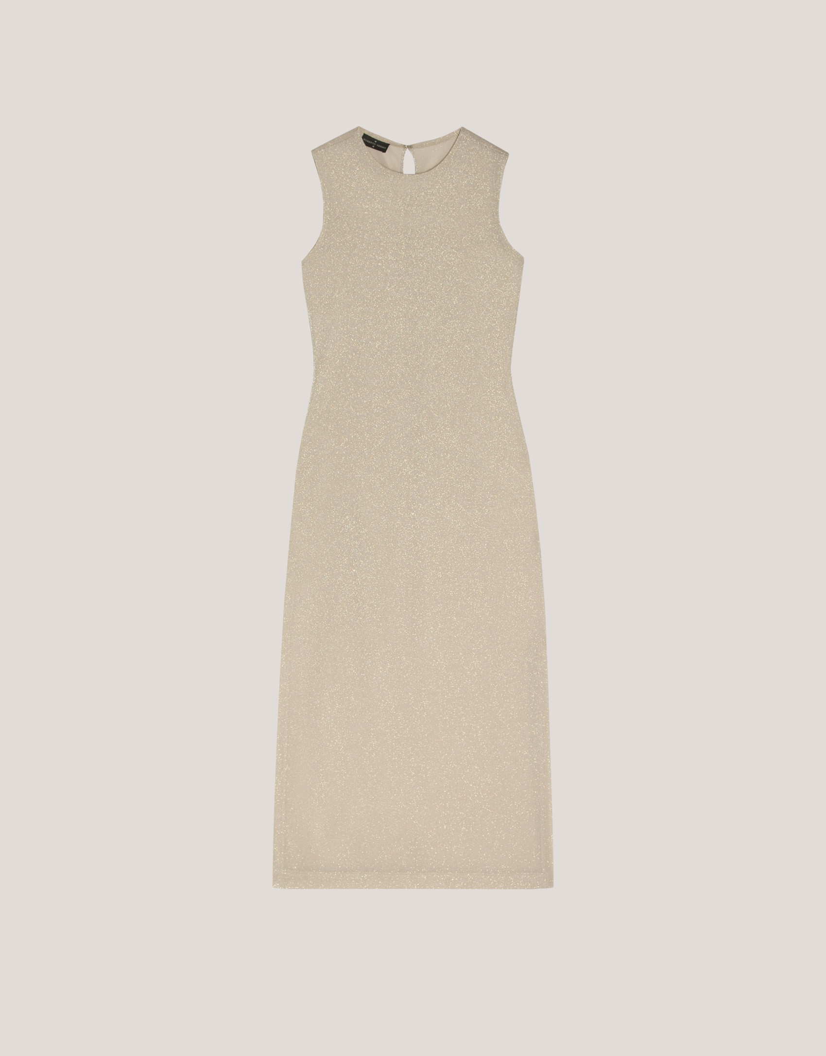 Vestido largo sin mangas en punto brillo beige