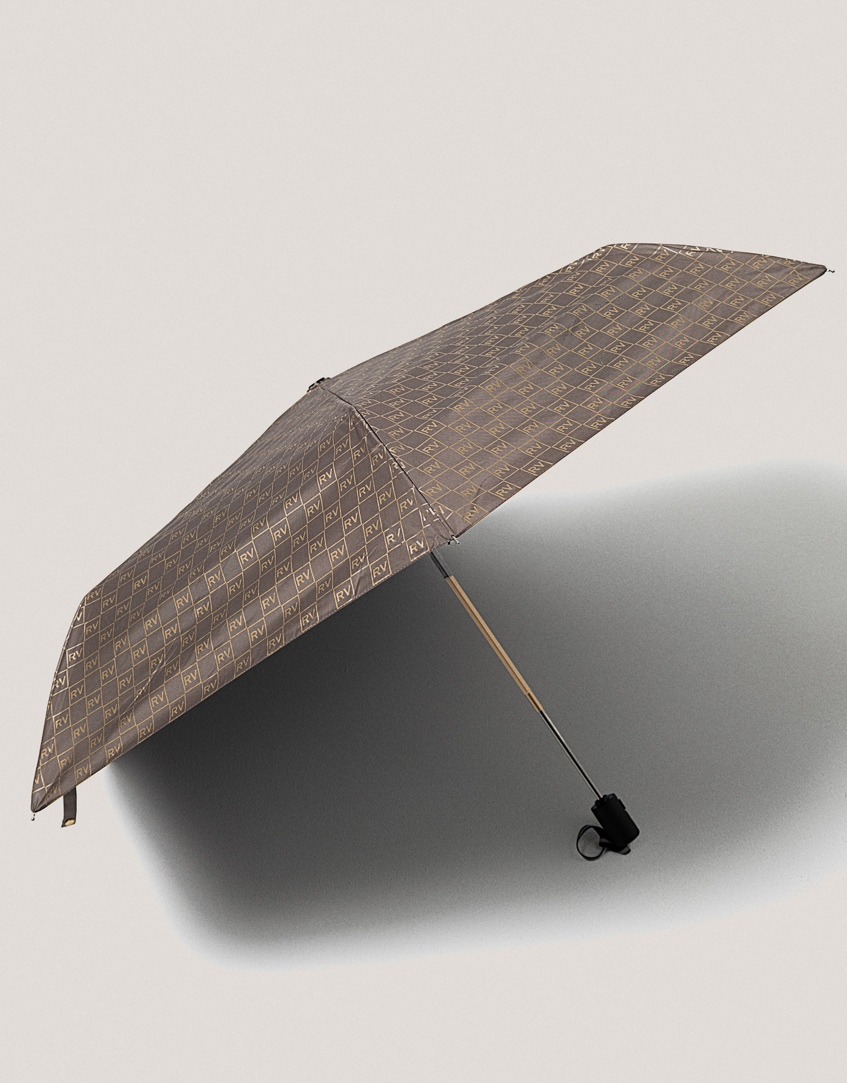 Taupe automatic folding umbrella with RV logos 