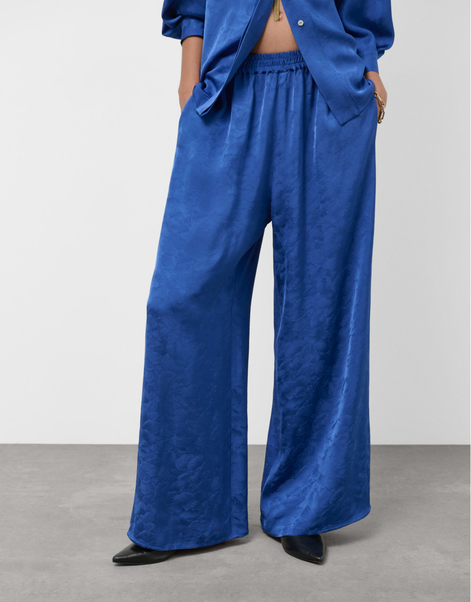 Deep blue palazzo pants with floral damask | Roberto Verino