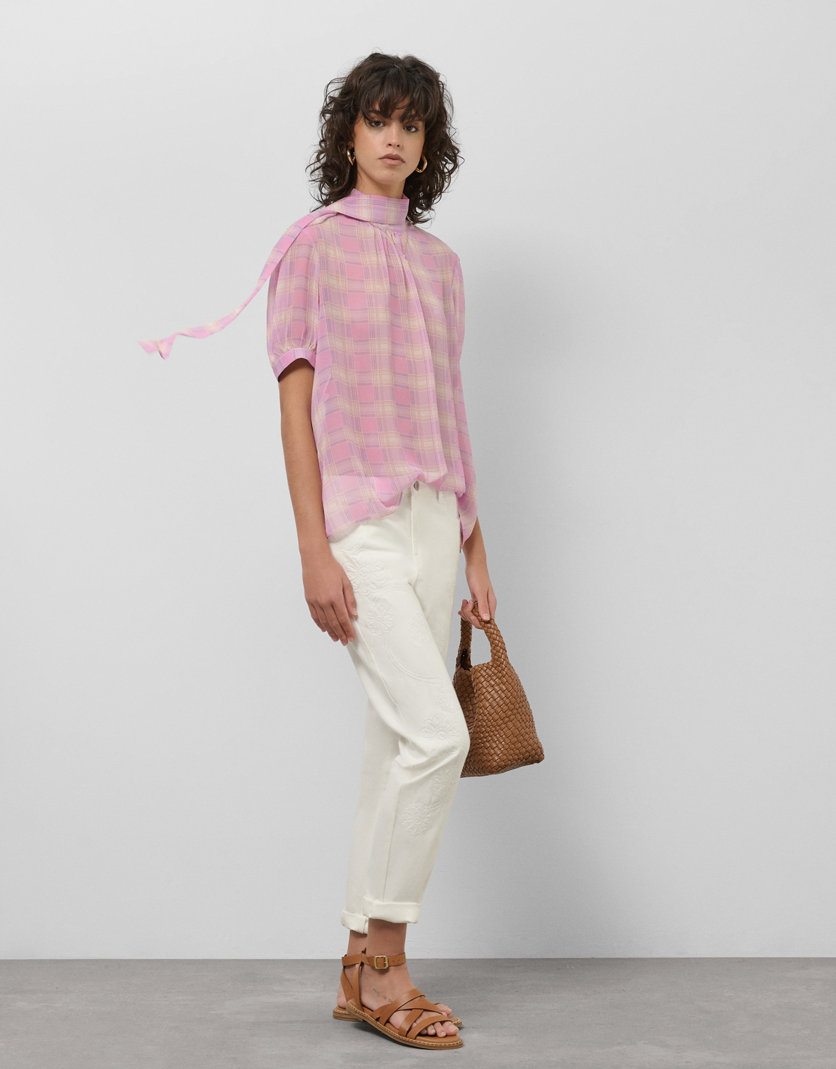 Pink checkered short sleeved blouse with tie ... | Roberto Verino