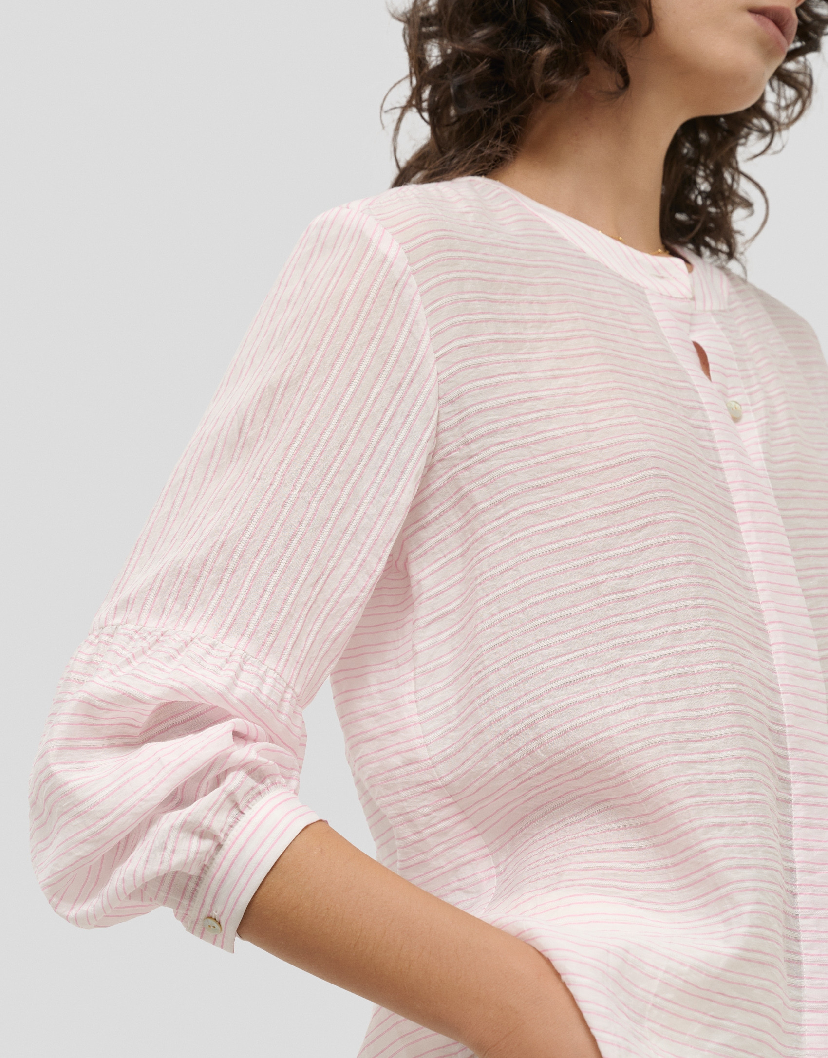 Pink and white striped blouse with puffed ... | Roberto Verino