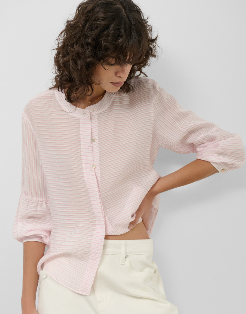 Pink and white striped blouse with puffed ... | Roberto Verino