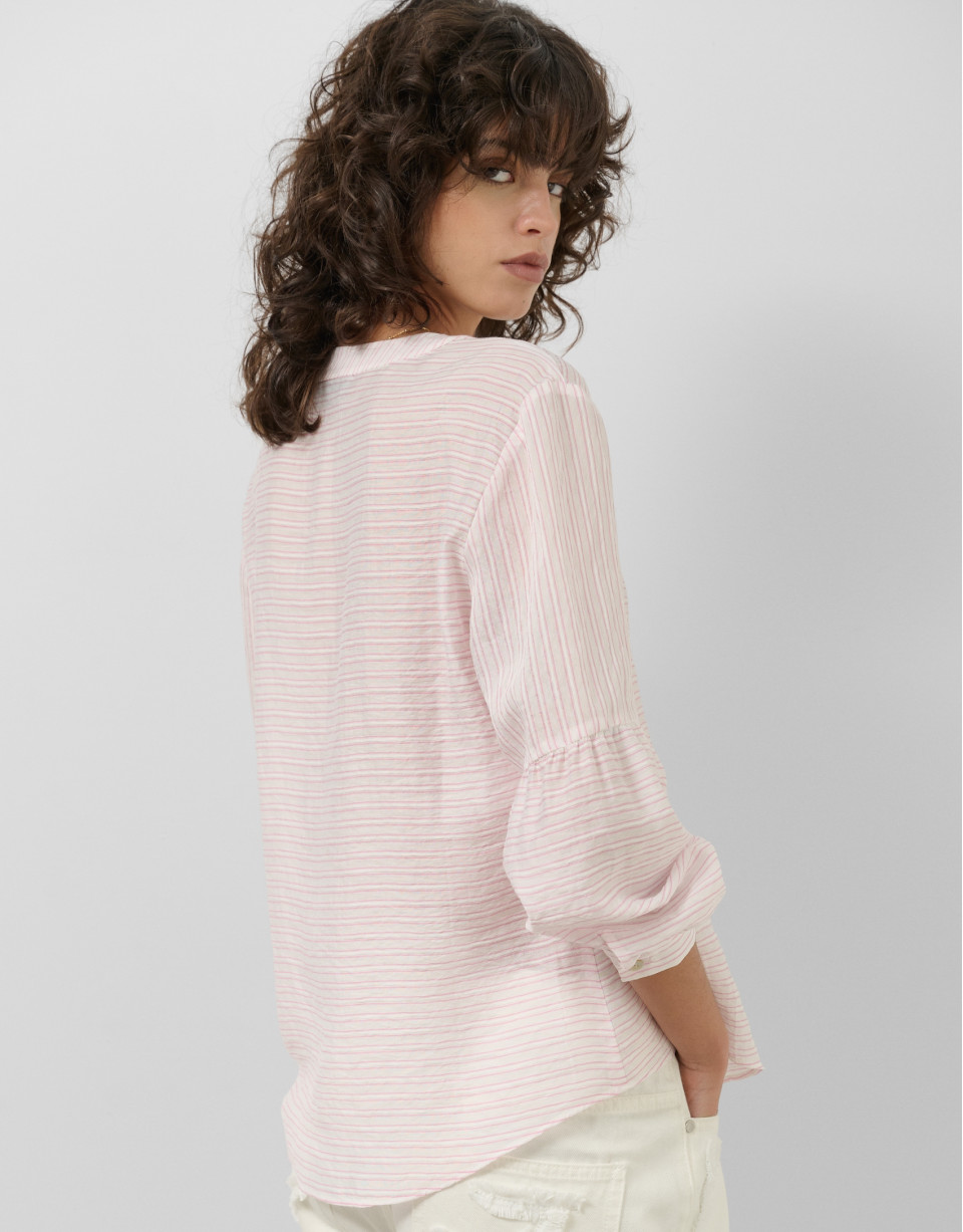 Pink and white striped blouse with puffed ... | Roberto Verino