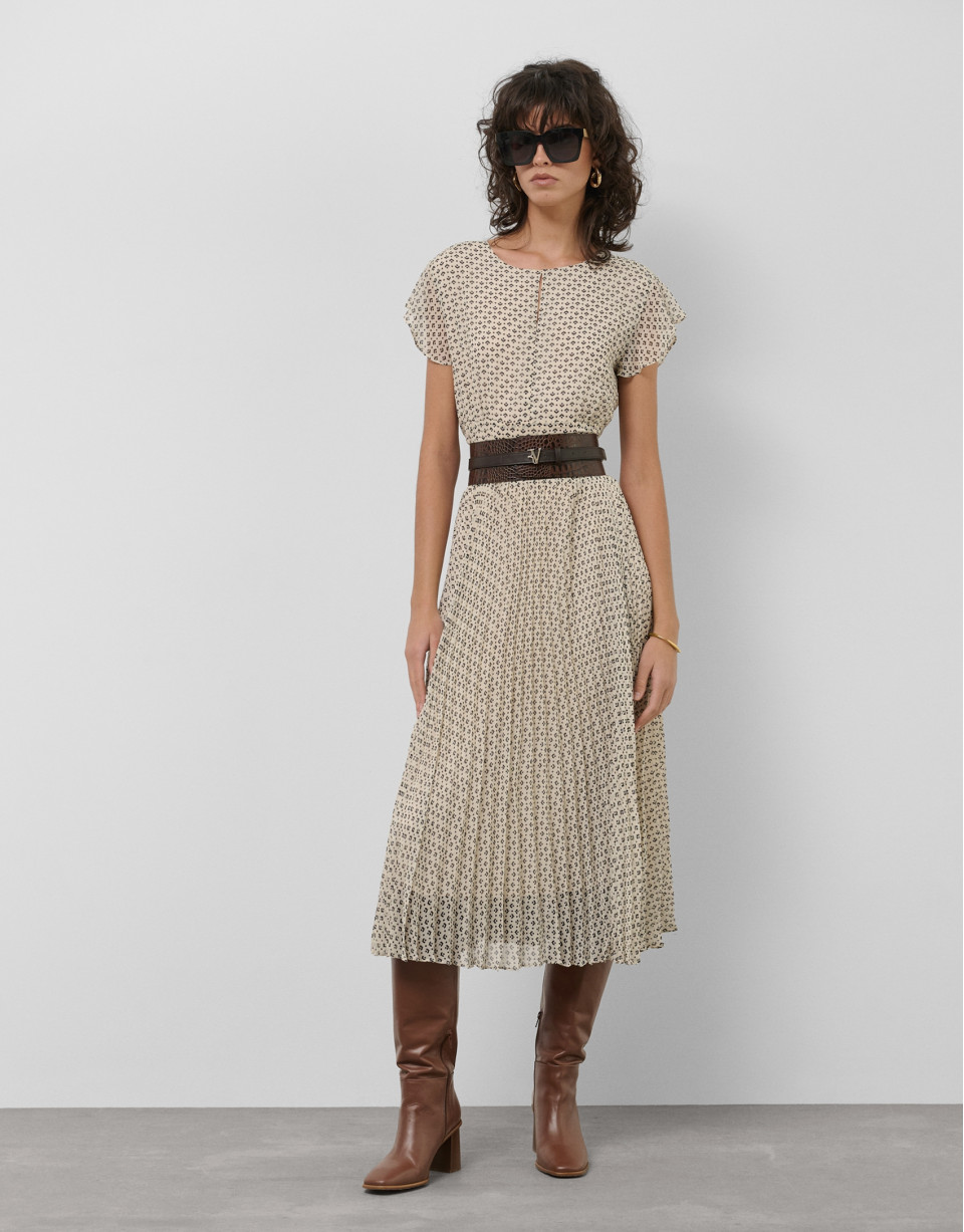 Black and white midi dress with pleats and ... | Roberto Verino