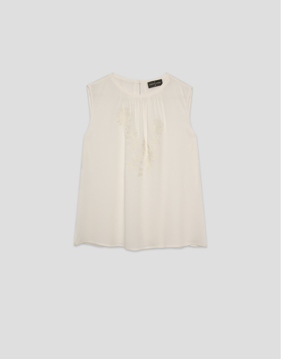Top tejido fluido beige con bordado floral | Roberto Verino