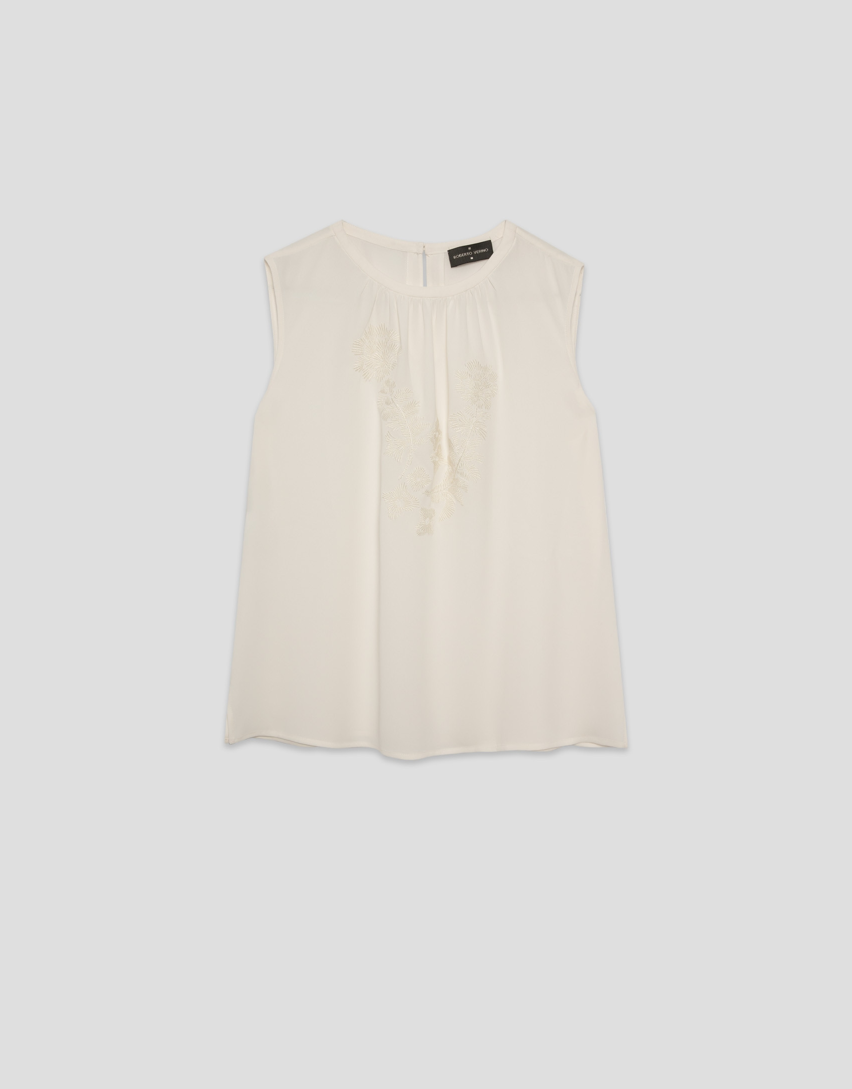 Beige fluid knit top with floral embroidery | Roberto Verino