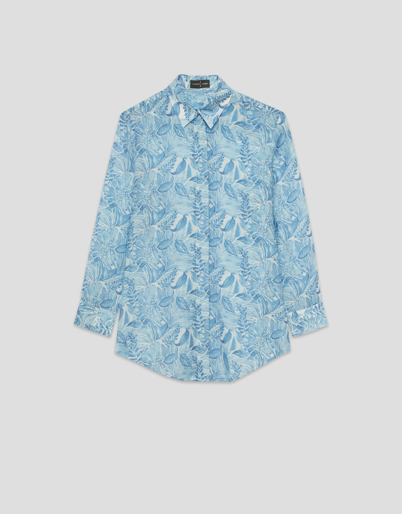 Long blouse in blue vegetable print chiffon | Roberto Verino