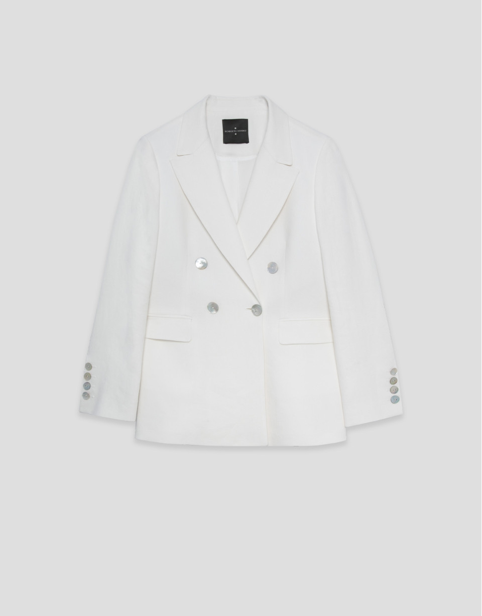 Cream viscose and linen mix double-breasted ... | Roberto Verino