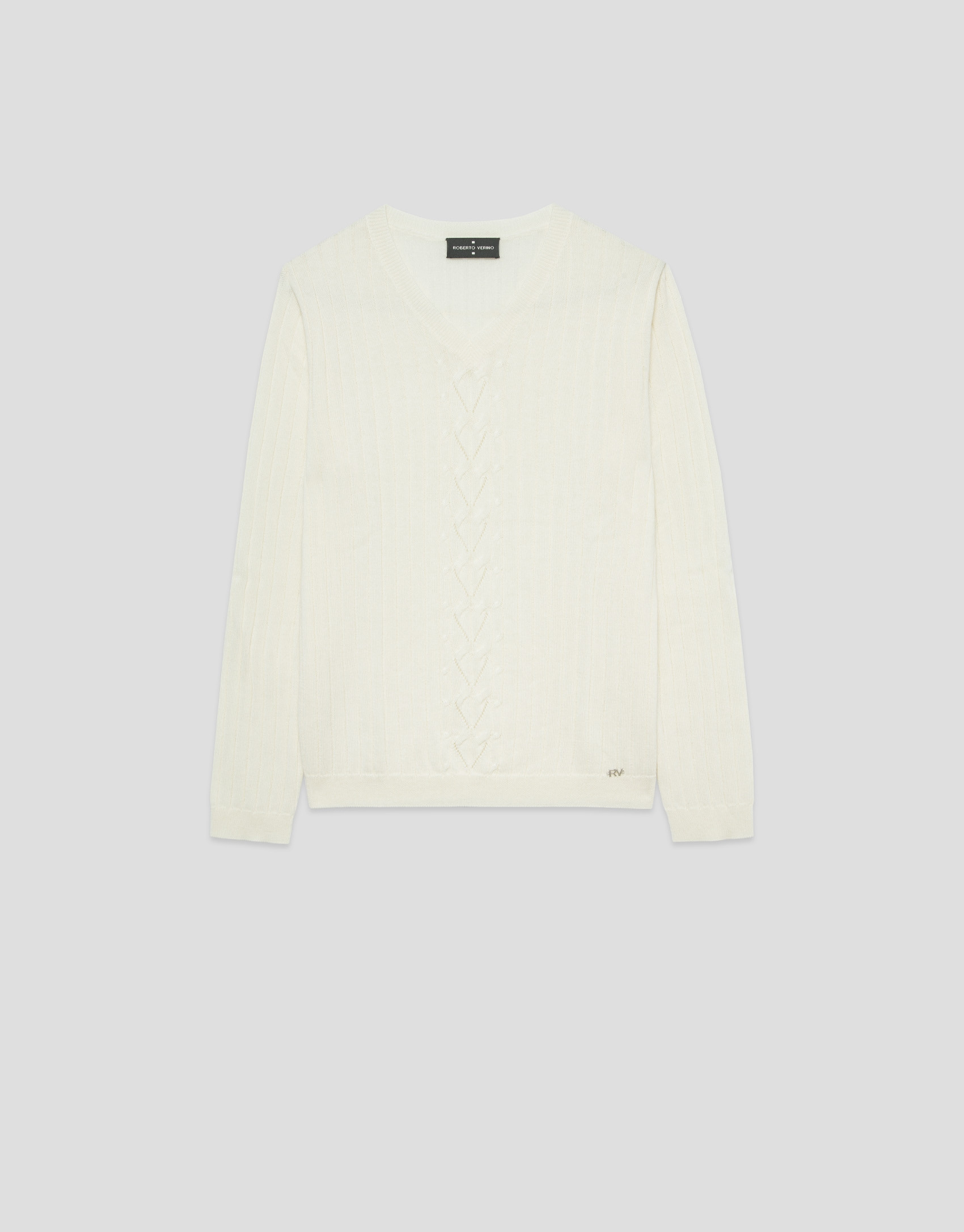 Ecru V-neck sweater with central stripe - Woman | Roberto Verino