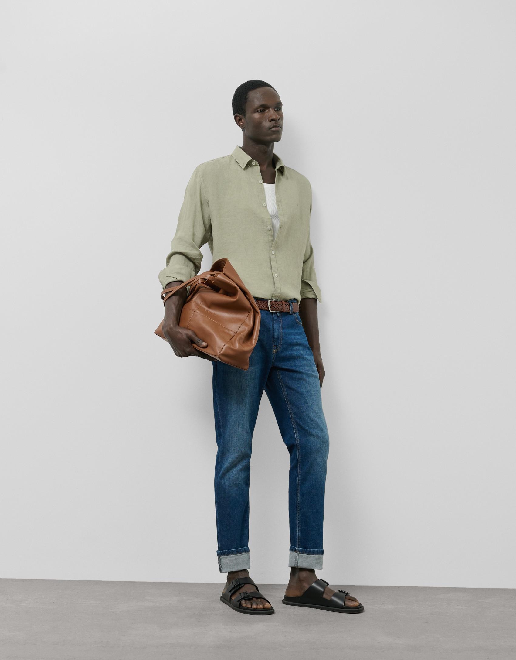 Regular khaki green linen sport shirt - Man | Roberto Verino
