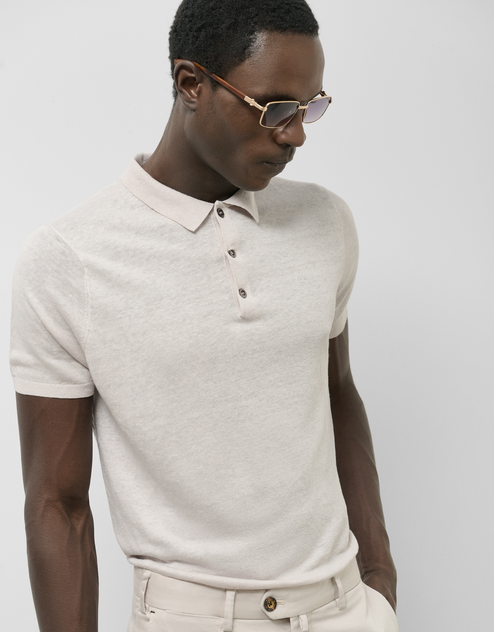 Beige linen knitted polo shirt - Man - SS2025 | Roberto Verino