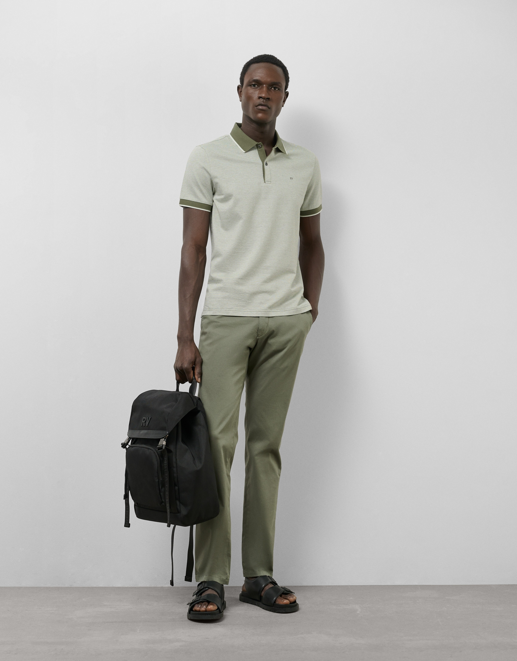 Khaki and white geometric jacquard polo shirt | Roberto Verino