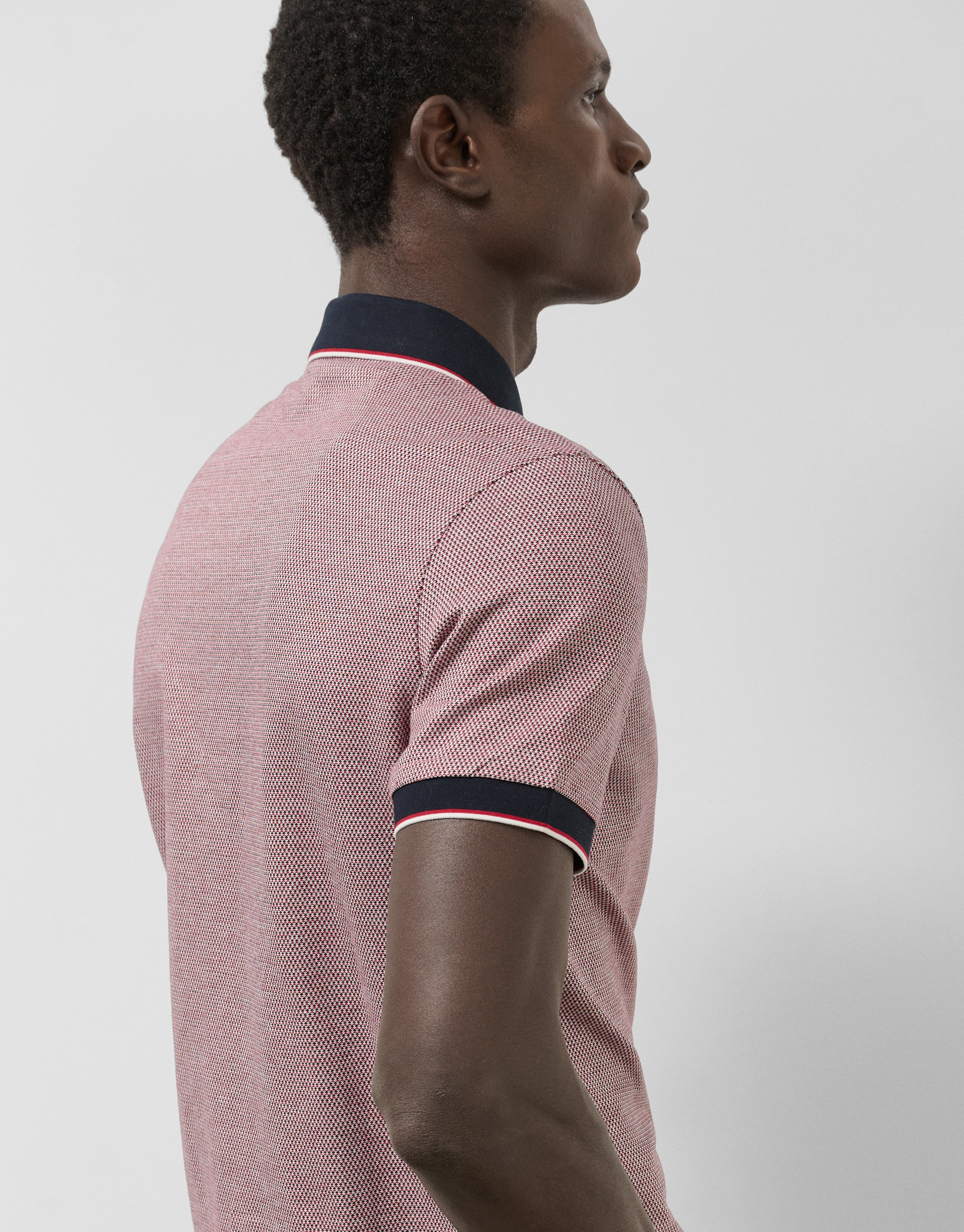 Red, navy and white geometric jacquard polo ... | Roberto Verino