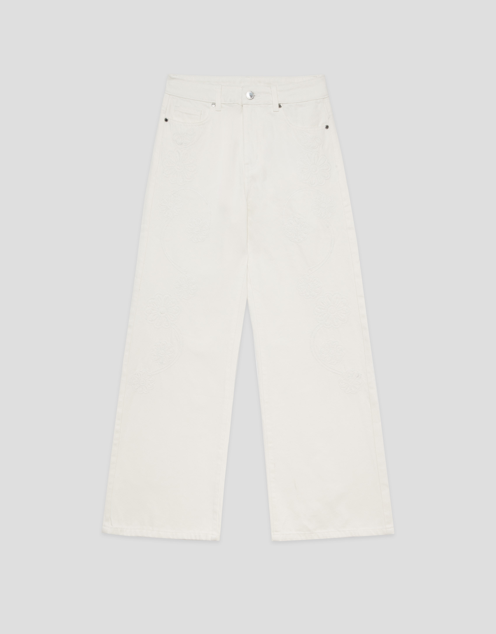 Pantalón vaquero ancho beige con bordados ... | Roberto Verino