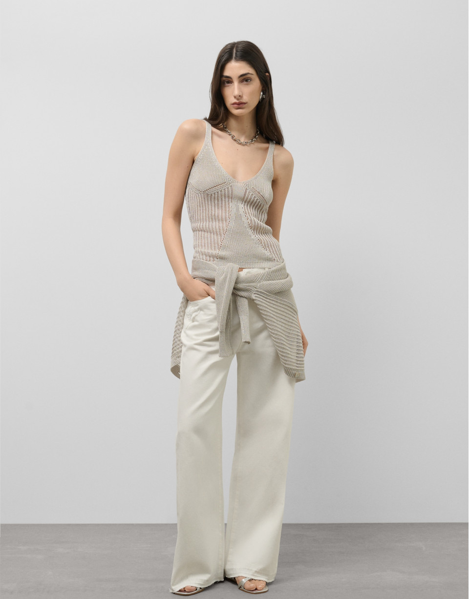 Openwork knitted armhole top with beige lurex | Roberto Verino