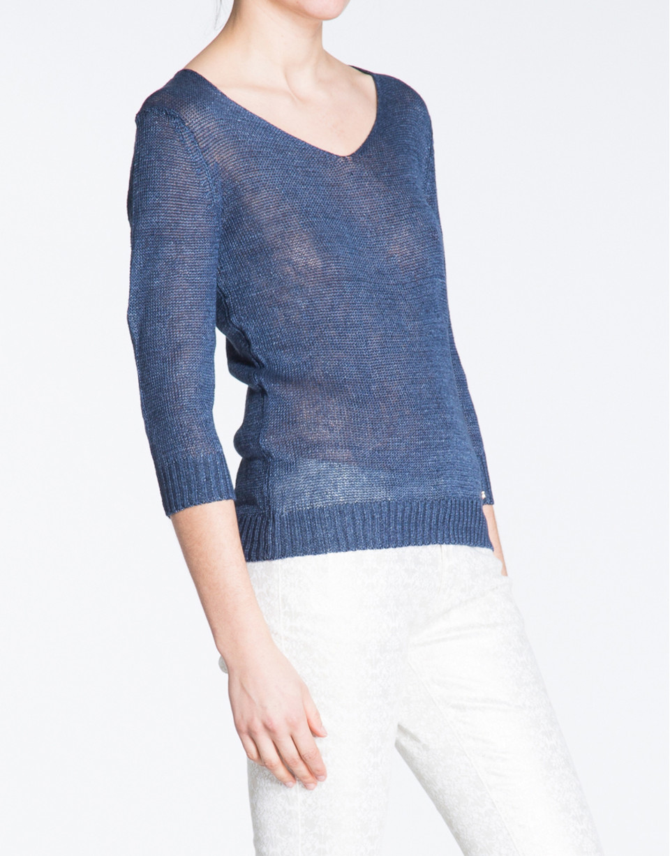 Jersey de lino en azul marino cuello V.