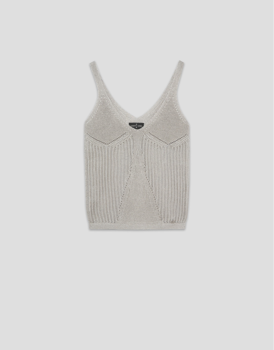 Openwork knitted armhole top with beige lurex | Roberto Verino
