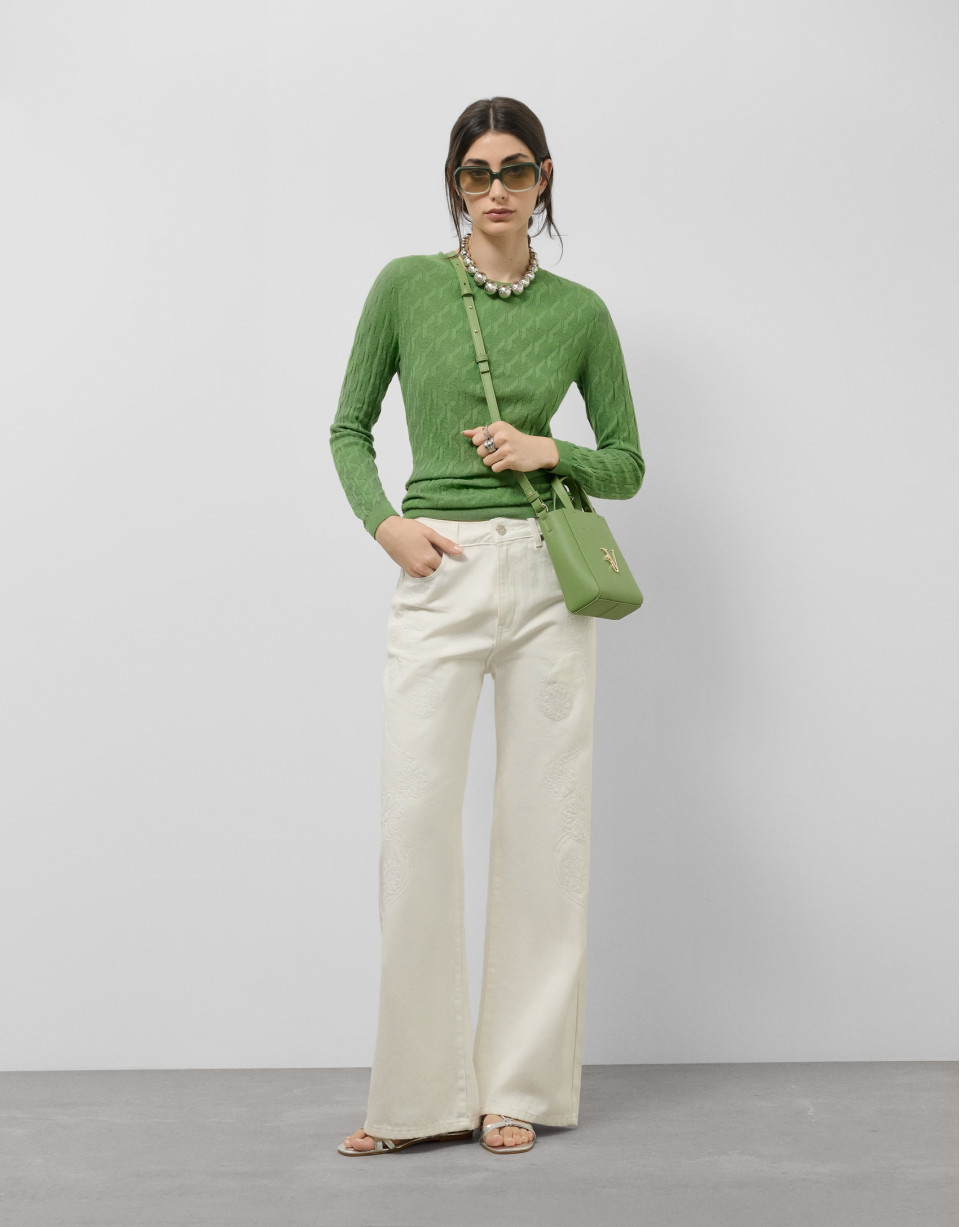 Green cable knit long sleeve wool sweater | Roberto Verino