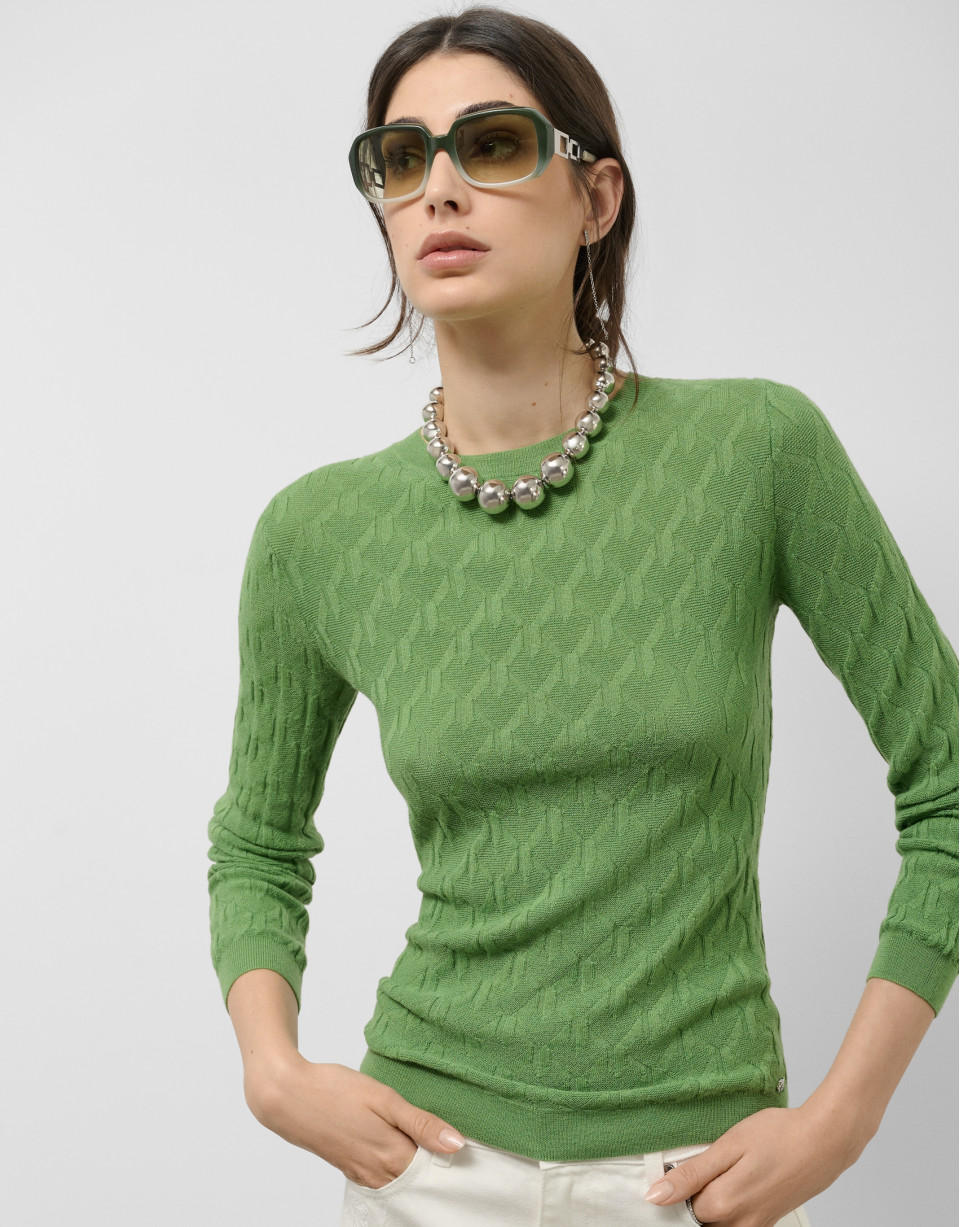 Green cable knit long sleeve wool sweater | Roberto Verino