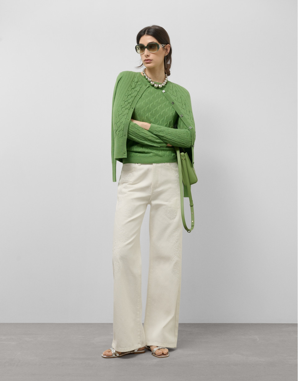 Green cable knit long sleeve wool sweater | Roberto Verino